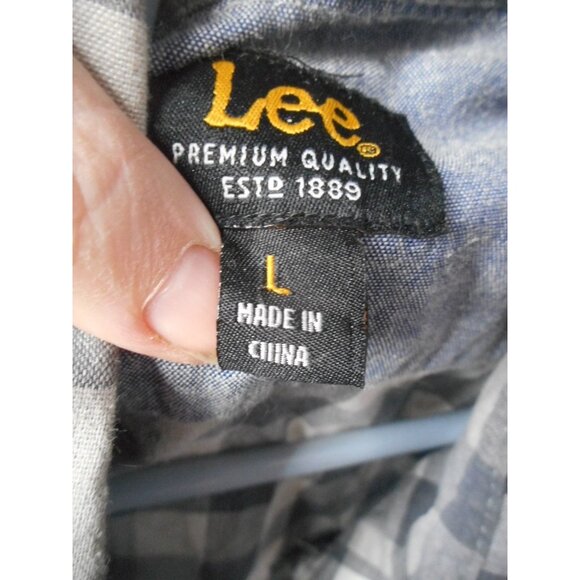 Black Grey white checked Lee Sz L cotton blend button front shirt short sleeve - Picture 2 of 4